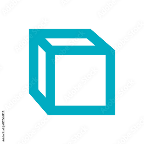 Illustration of a three dimensional cube outline in light blue color against a white background space with depth