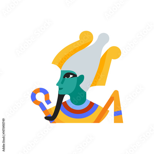 Illustration of osiris with green skin and white crown holding a crook against a white background