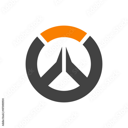 A stylized logo featuring a dark gray circle with an orange arc at the top and a central white symbol
