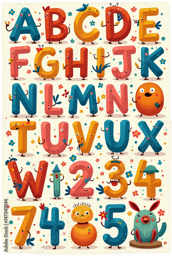Cute Cartoon Alphabet and Numbers with Faces and Decorations for Kids