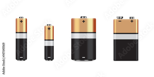 Vector 3d Realistic Black and Yellow Alkaline Battery Icon Set Closeup Isolated on White Background. vector illustration