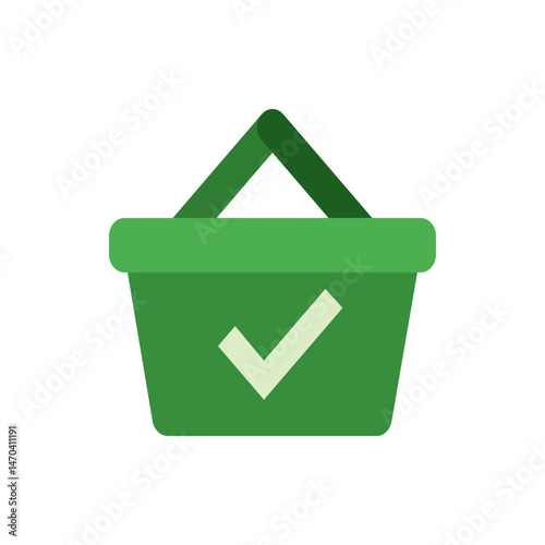 A green shopping basket with a check mark indicating a completed or confirmed purchase or task status