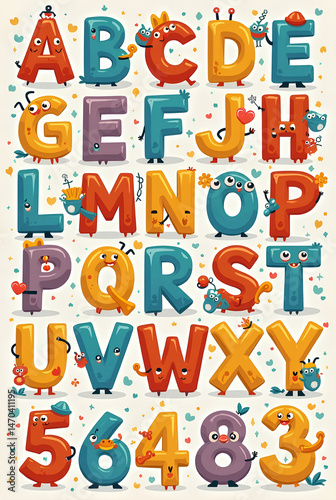 Cute Cartoon Alphabet and Numbers with Faces and Decorations for Kids