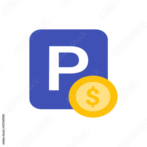 Illustration of a blue parking sign with a white p and a gold coin featuring a dollar sign symbol near it