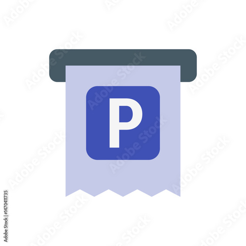 Illustration of a parking ticket with a large white p on a blue square and a gray holder on top of it