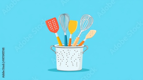 Colorful kitchen utensils in a container.