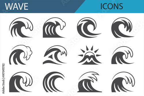 Wave Icon Set Featuring Surfing and Ocean Designs for Creative Use