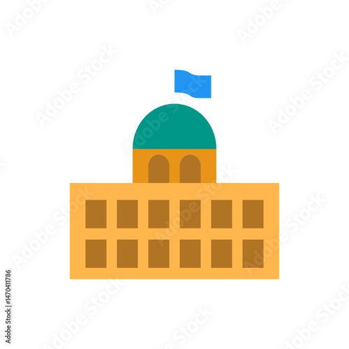 Illustration of a government building with a dome and a flag on top in a simple cartoon style design