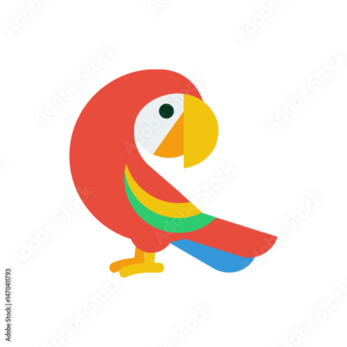 Illustration of a stylized red parrot with a yellow beak and colorful wing markings on a white background