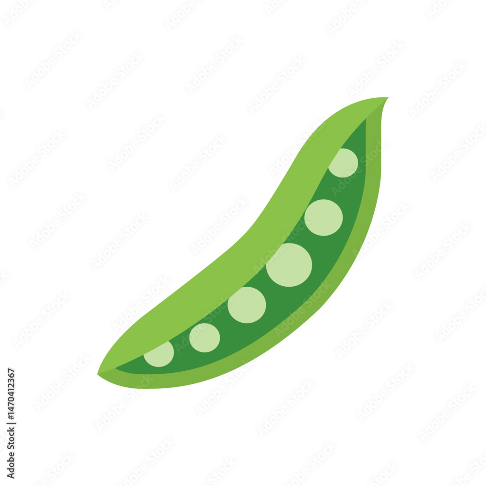 Illustration of a single green pea pod with visible peas inside on a white background, simple design Illustration of a single green pea pod with visible peas inside on a white background, simple design