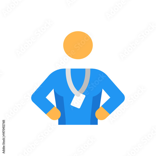 Illustration of a person with orange head wearing a blue shirt and a lanyard with a white badge around neck