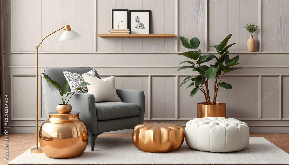 Obraz premium Modern composition of living room with design gray armchair, gold pot with beautiful plant, pouf, pillows and elegant personal accessories. Wall panelling with shelf. Stylish home staging. Template,