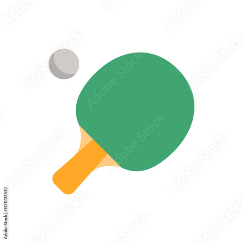 Illustration of a green ping pong paddle with an orange handle and a gray ping pong ball on a white background