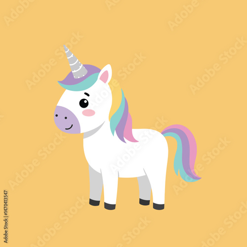 Cute white unicorn with pastel rainbow mane and tail vector illustration on yellow background 