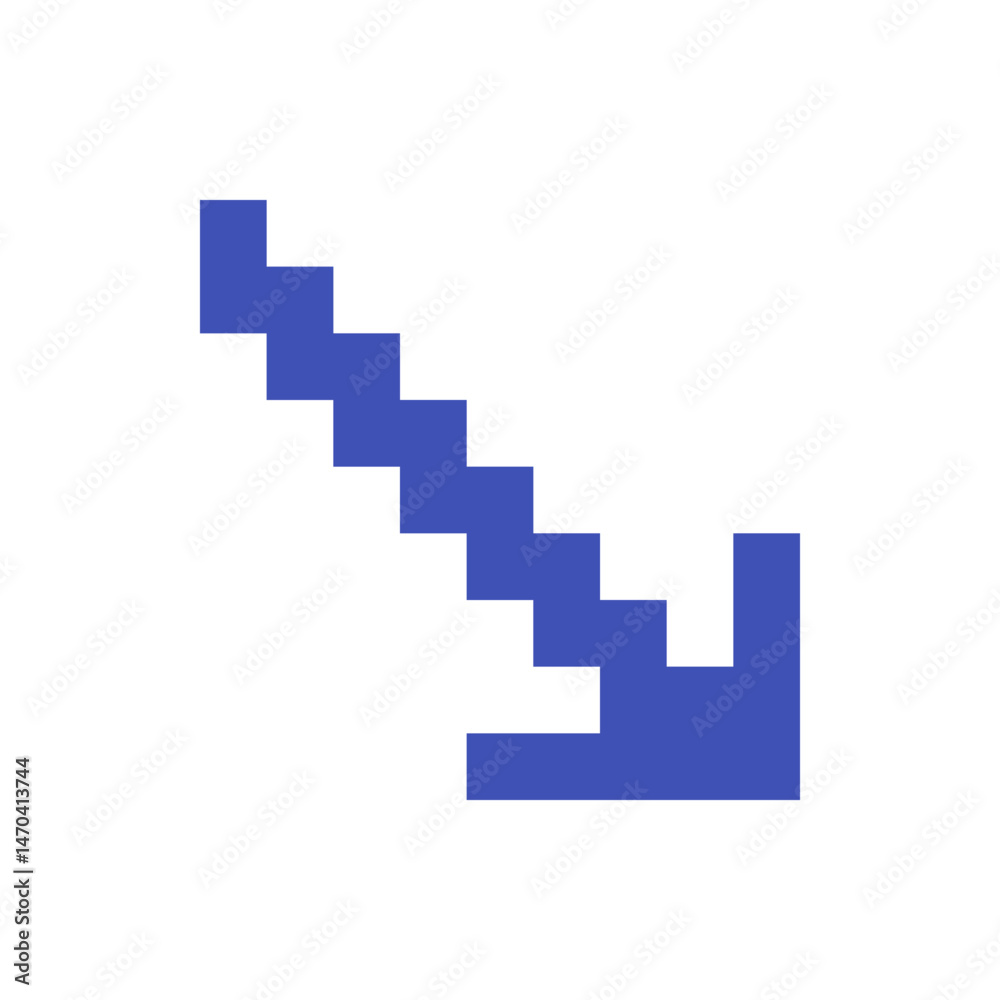 Pixelated blue arrow pointing diagonally downwards with stair step design on a clean white background space Pixelated blue arrow pointing diagonally downwards with stair step design on a clean white background space