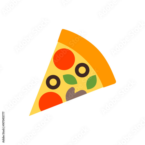 A slice of pizza with pepperoni, olives, basil, and mushrooms on a white background, isolated view is shown