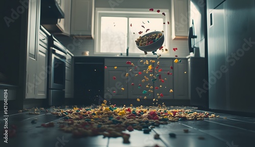 Colorful cereal spilling from a bowl onto a kitchen floor.