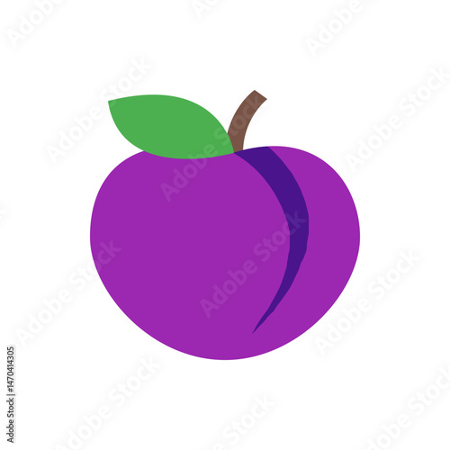 Illustration of a single plum with a green leaf and brown stem on a white background design art