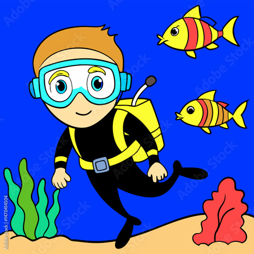Happy scuba diver exploring underwater world with colorful fish