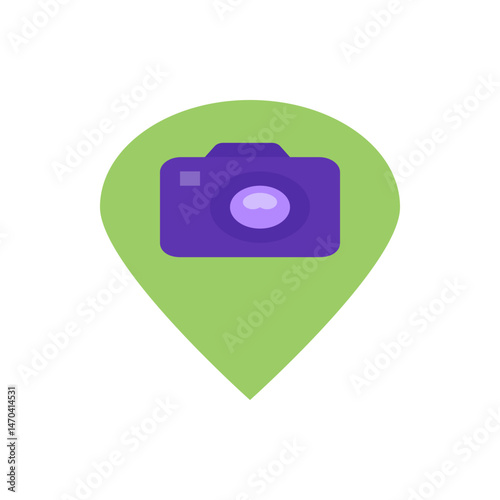 Illustration of a camera icon placed inside a green location pin marker on a white background vector art