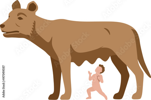 She-wolf nursing twin infants iconic symbol of romulus and remus ancient roman mythology vector illustration 