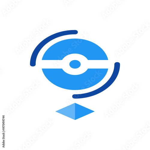 Illustration of a blue circular design with curved lines and a diamond shape at the bottom center view