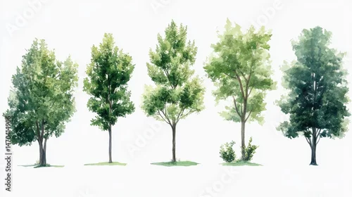 Obraz Set of watercolor green trees isolated on a white background, ideal for landscape and architectural drawings, environmental elements, gardens, and botanical spring sections