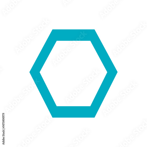 A teal hexagon outline with a thick border and a white interior space isolated on a white background plain view