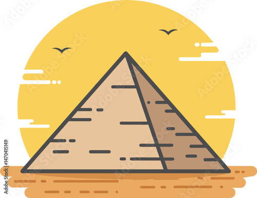 Pyramid with yellow sun background desert landscape vector illustration in minimal flat style 