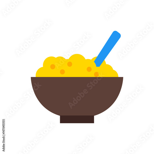 Illustration of a bowl filled with yellow food and dotted with orange spots with a blue spoon inside it