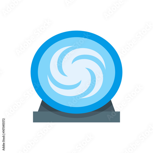 Illustration of a blue crystal ball with swirling white patterns on a gray stand isolated on white background