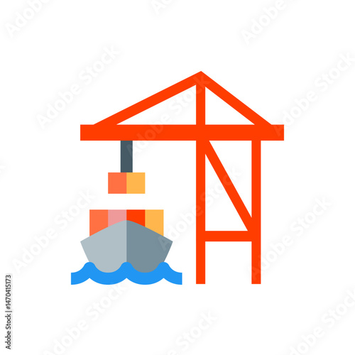 Illustration of a cargo ship being loaded with containers by a large orange crane at a port facility area