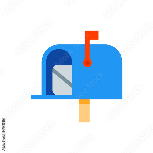Illustration of a blue mailbox with an envelope inside and a red flag raised on a white background view