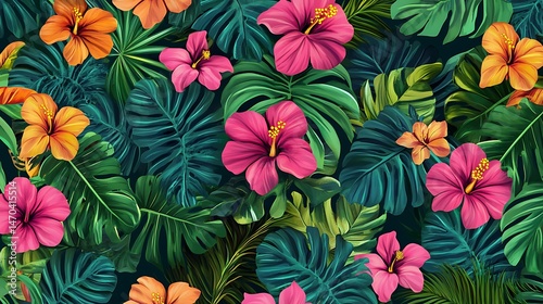 Vibrant Tropical Floral and Foliage Pattern
