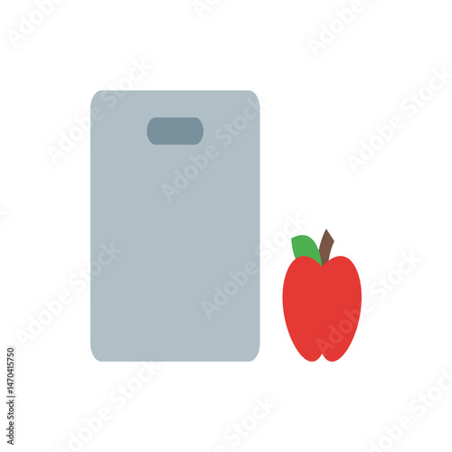 A simple illustration of a gray cutting board next to a red apple with a green leaf and brown stem on white