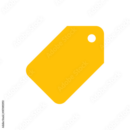 A yellow tag with rounded corners and a white circle at the top right corner set against a white background