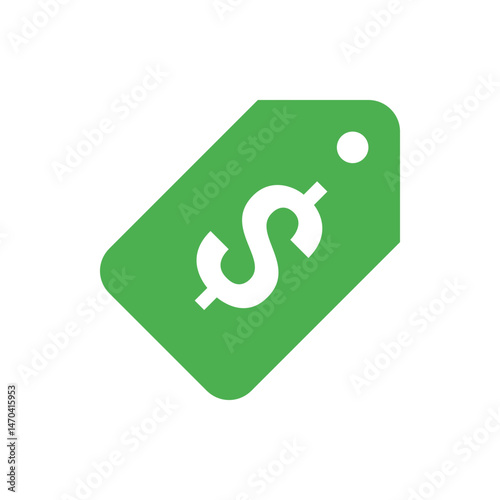 Green price tag with rounded corners and a white dollar sign on it against a white background design icon