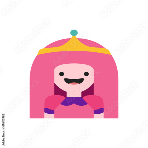 Illustration of princess bubblegum with pink hair wearing a golden crown with a teal gem on top smiling