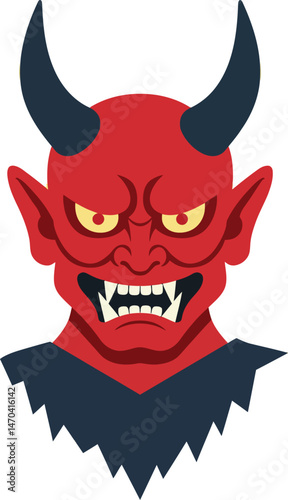 Red devil face with black horns and yellow eyes vector illustration design for Halloween and fantasy themes 