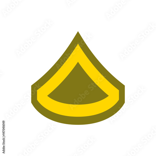 Illustration of a military rank insignia featuring gold trim on an olive green chevron shape design element