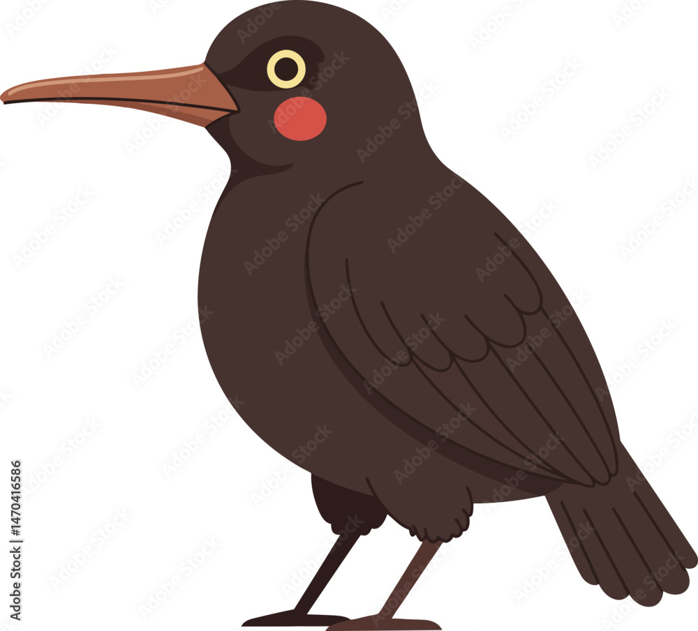 Obraz premium Black bird illustration with orange beak and red cheeks in simple cartoon style vector image 