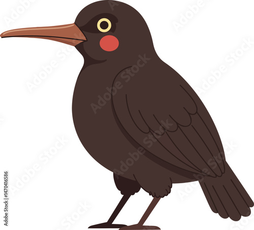 Black bird illustration with orange beak and red cheeks in simple cartoon style vector image 