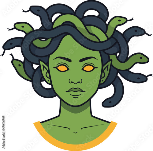 Medusa mythological character with green skin and snakes for hair vector illustration 