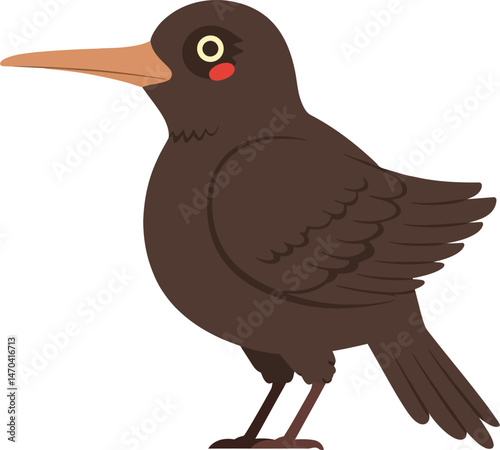 Brown bird standing side view with detailed wing feathers and orange beak vector illustration 