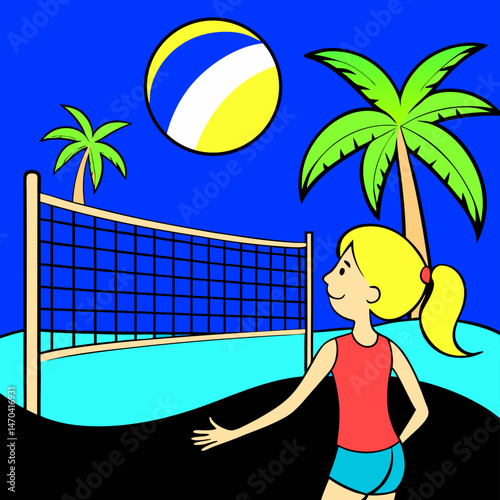 Girl watching volleyball game on tropical beach at night