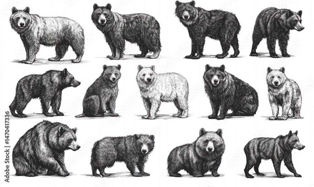 Obraz premium Twelve detailed ink drawings of bears in various poses and shades of gray and white, showcasing different bear species