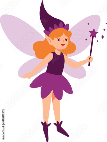 Fairy girl with purple dress and wings holding magic wand vector illustration in flat style 