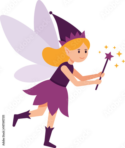 Fairy character in purple dress and hat with wings holding magic wand vector illustration 