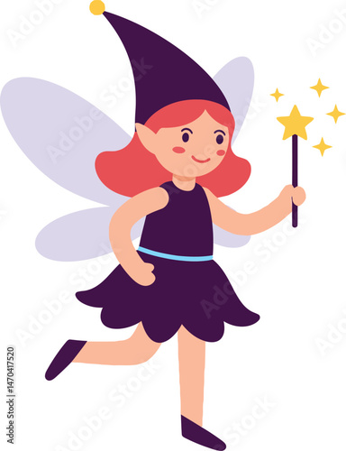Fairy girl with wings and magic wand in purple costume and hat vector illustration 