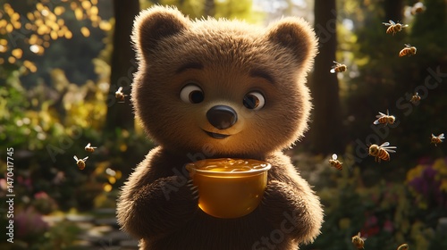 A lovable cartoon bear happily holding a honey pot while bees buzz around.

